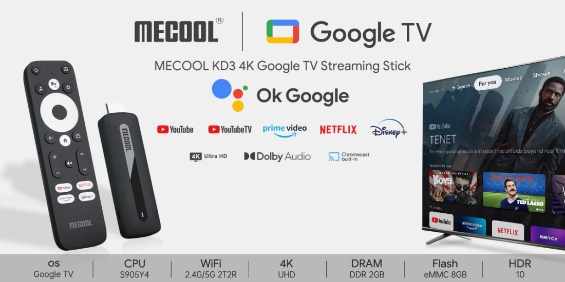 TV Stick Android - KD3 Android TV Stick with Google Netflix Certified,  Dol-by Audio 4K Streaming Stick with 2GB RAM and 8GB ROM Supported 2.4G/5G  WiFi